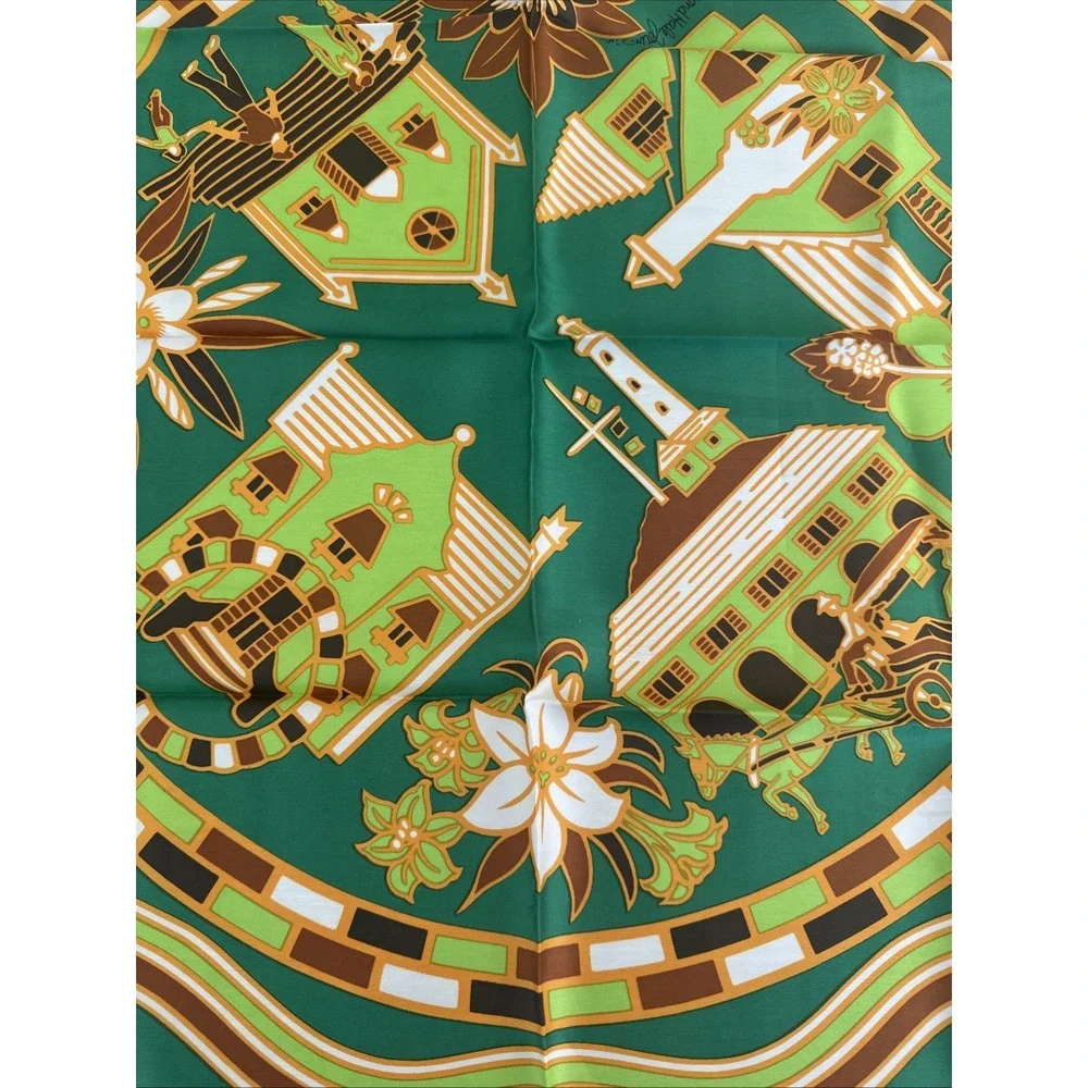 VTG Smith's of Bermuda Scarf Island Landmarks 60s 70s Design Green 22
